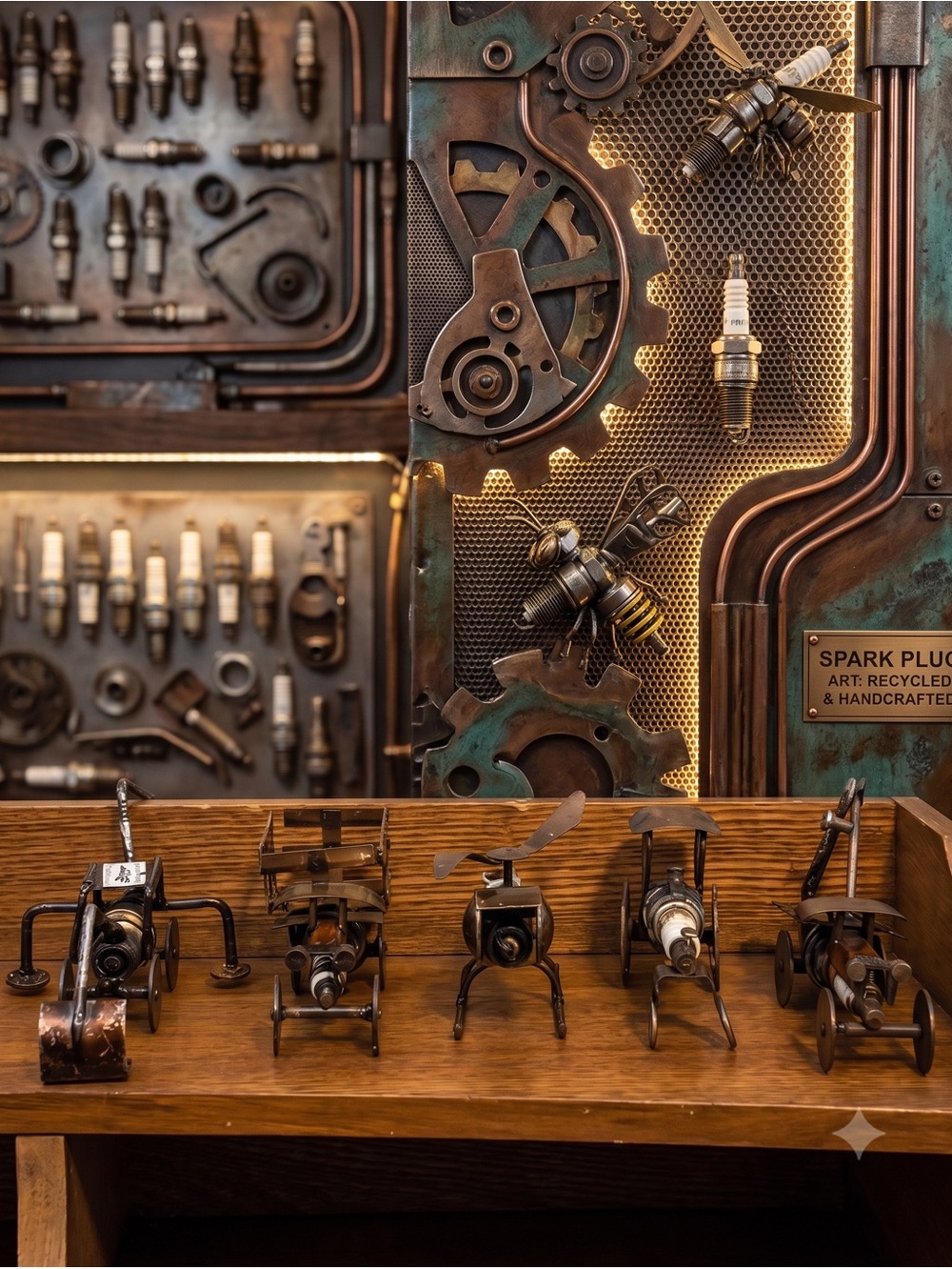 Handcrafted Steampunk Spark Plug Art Vehicles, Set of 5